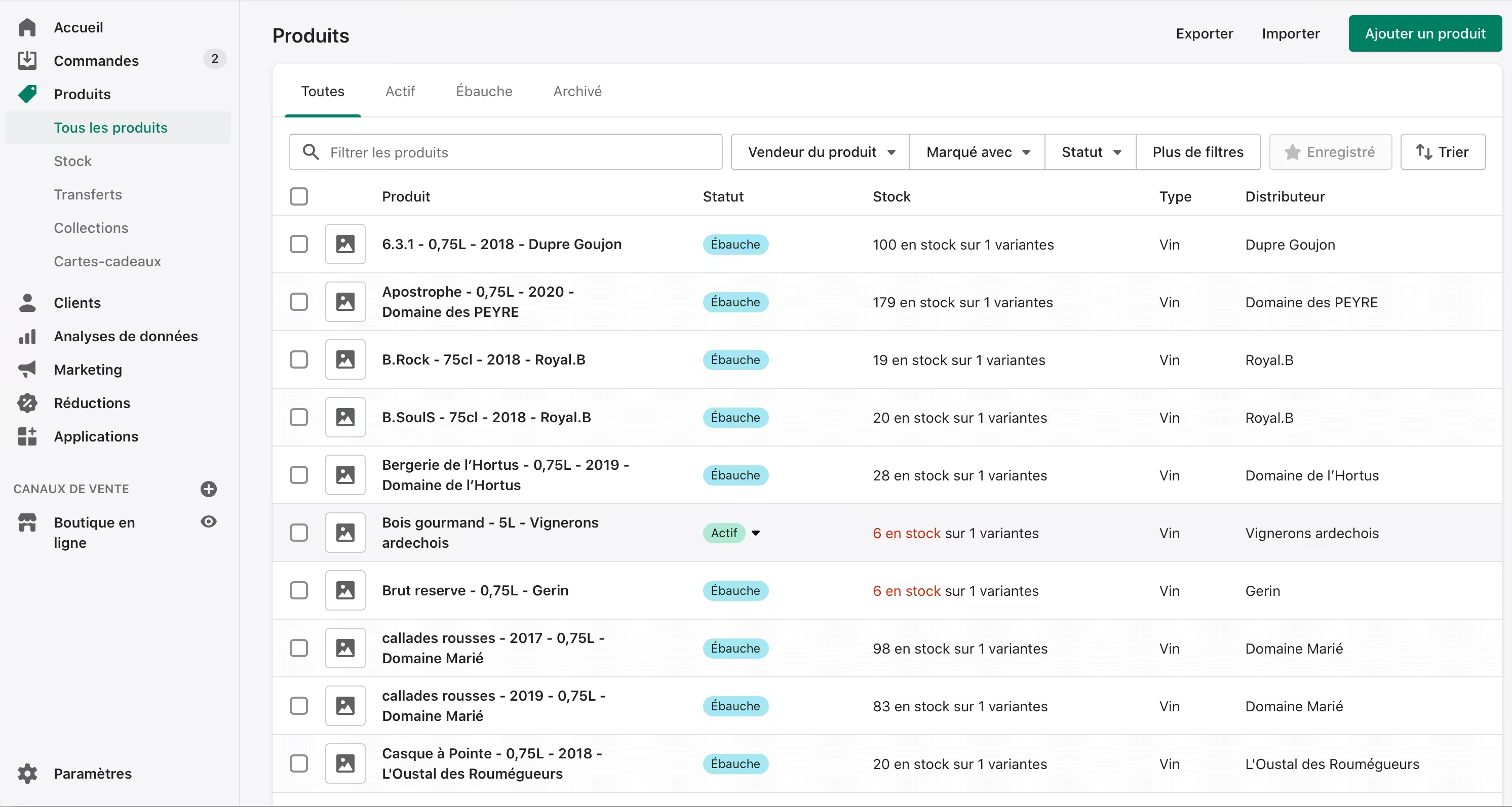 Interface d'administration Shopify